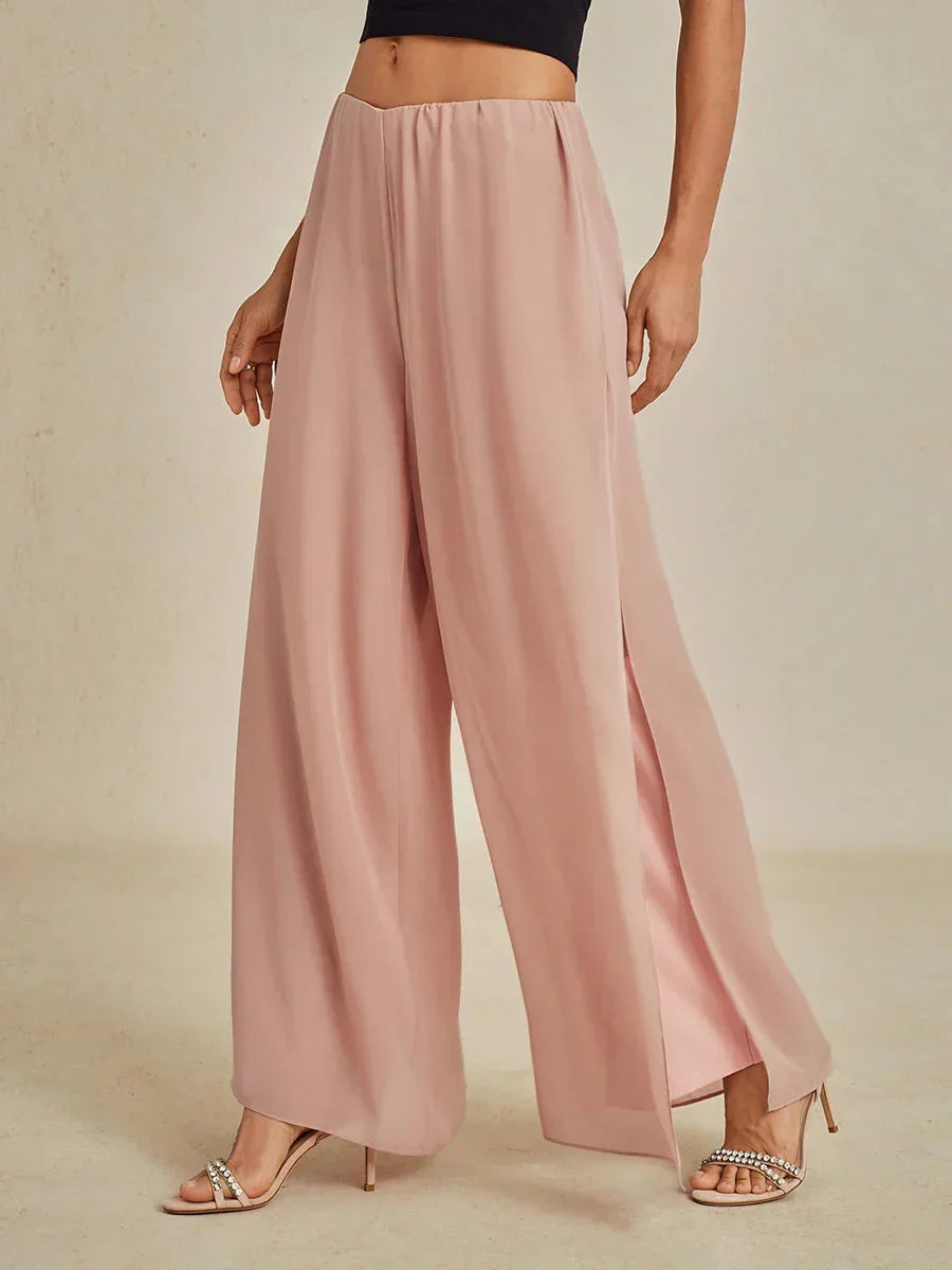 Pantaloni a Gamba Dritta con Sovrapposizione in Chiffon