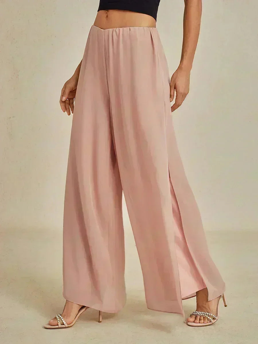 Pantaloni a Gamba Dritta con Sovrapposizione in Chiffon a Spacco