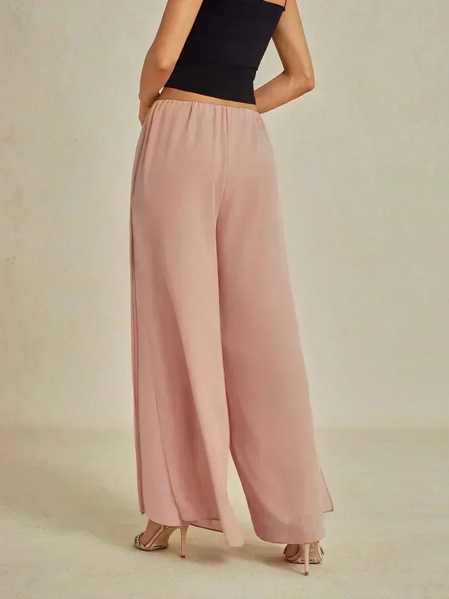 Pantaloni a Gamba Dritta con Sovrapposizione di Chiffon a Spacco