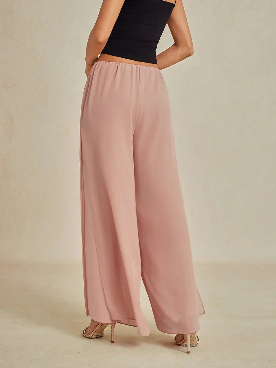 Pantaloni a Gamba Dritta con Sovrapposizione in Chiffon