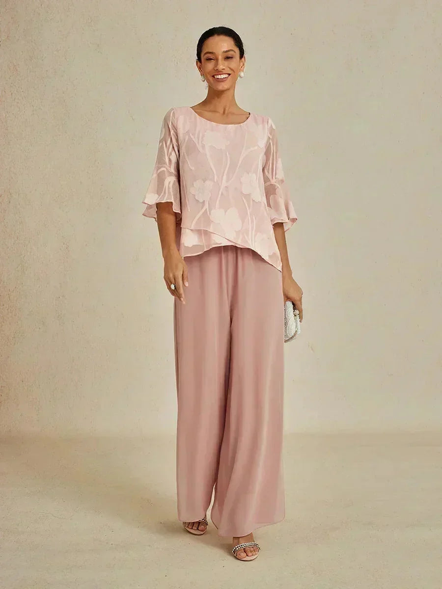 Pantaloni a Gamba Dritta con Sovrapposizione in Chiffon