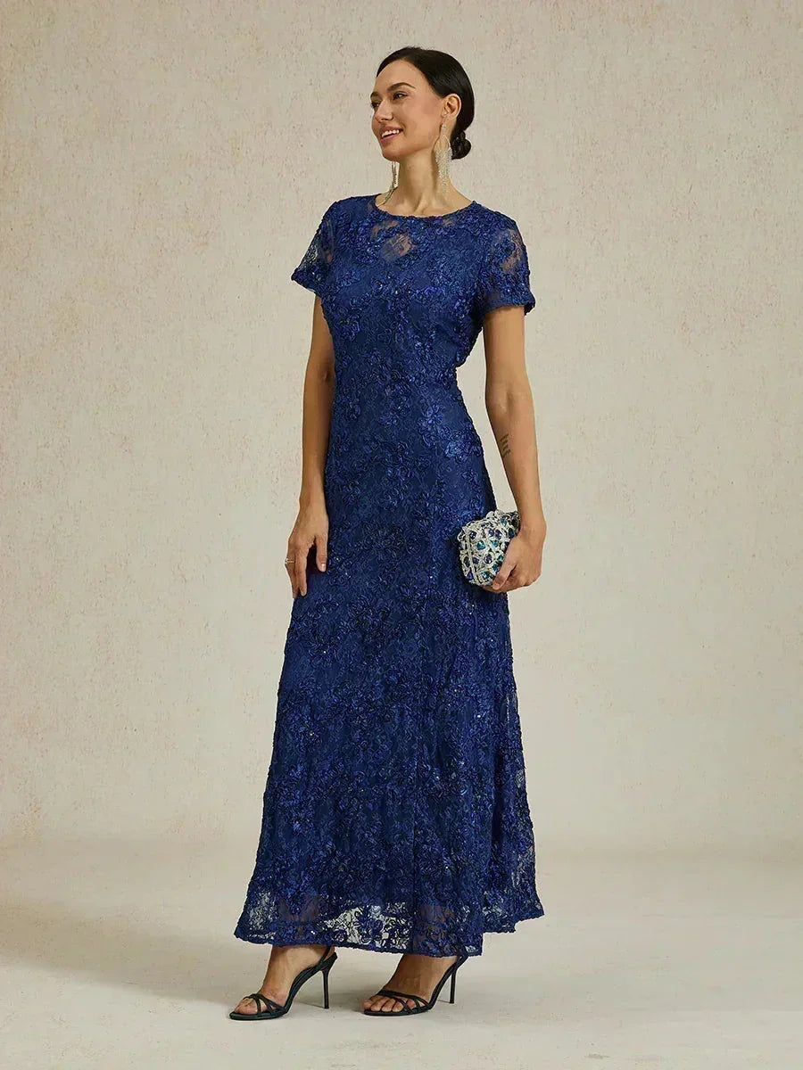 Abito A-Line in Pizzo Rosette con Decorazione di Paillettes