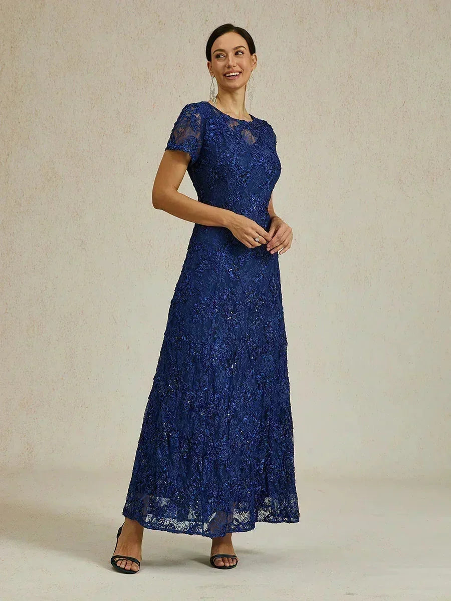Abito A-Line in Pizzo Rosette con Decorazioni in Paillettes