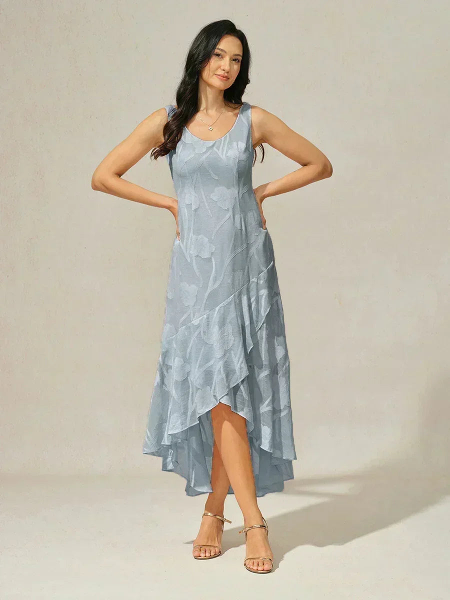 Abito da Sera Senza Maniche in Chiffon Floreale con Orlo Asimmetrico