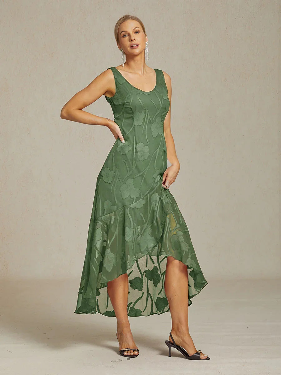 Abito da Sera Senza Maniche in Chiffon Floreale con Orlo Asimmetrico