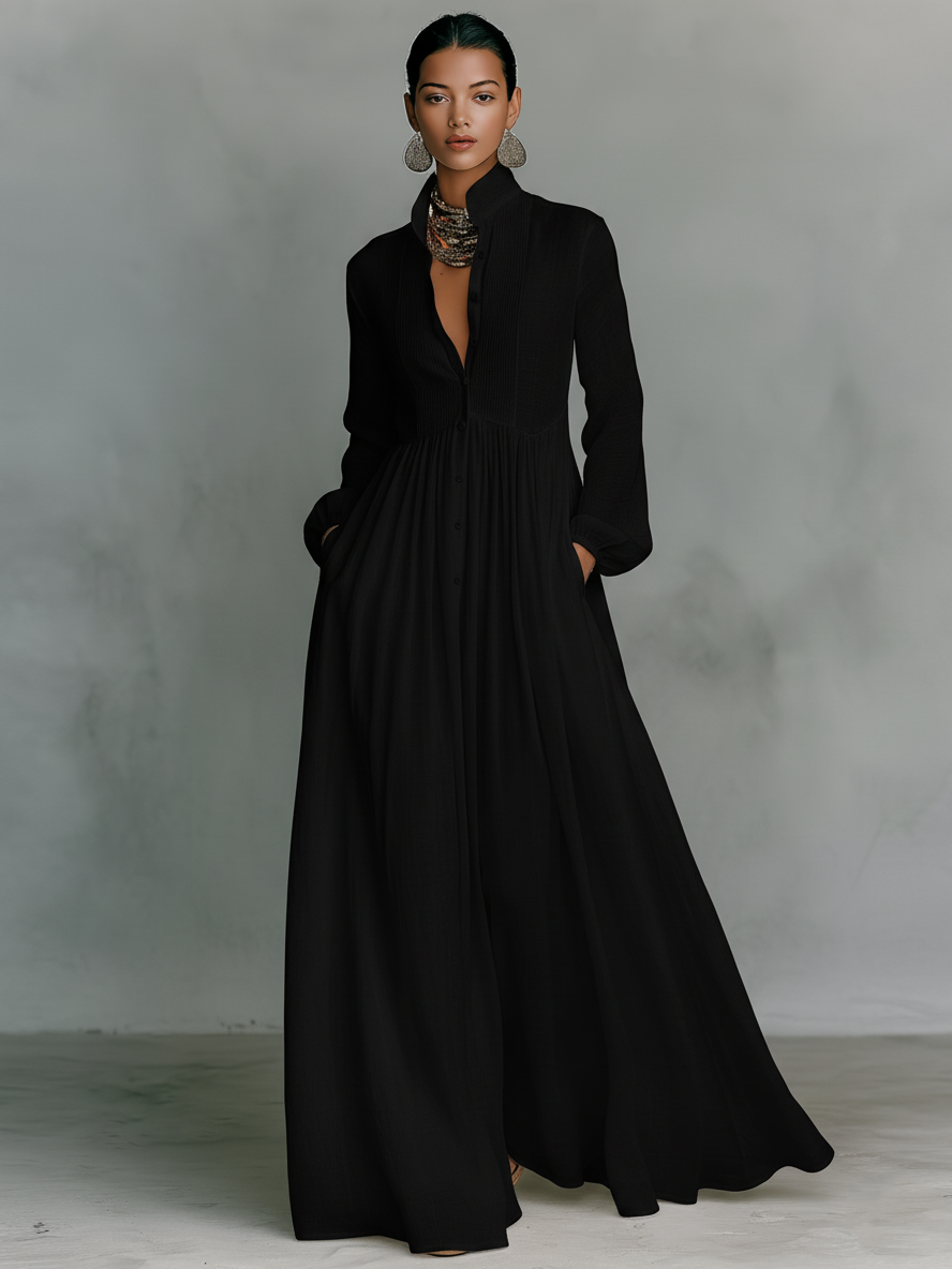 ESSENZIALE - Abito Maxi Minimalista in Cotone e Lino con Patchwork, Collo Alto e Maniche Lunghe