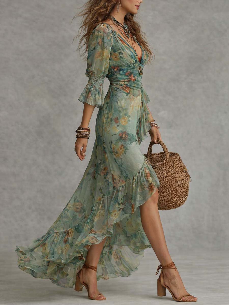 Aurora – Abito Maxi Boho Floreale con Orlo Asimmetrico Romantico