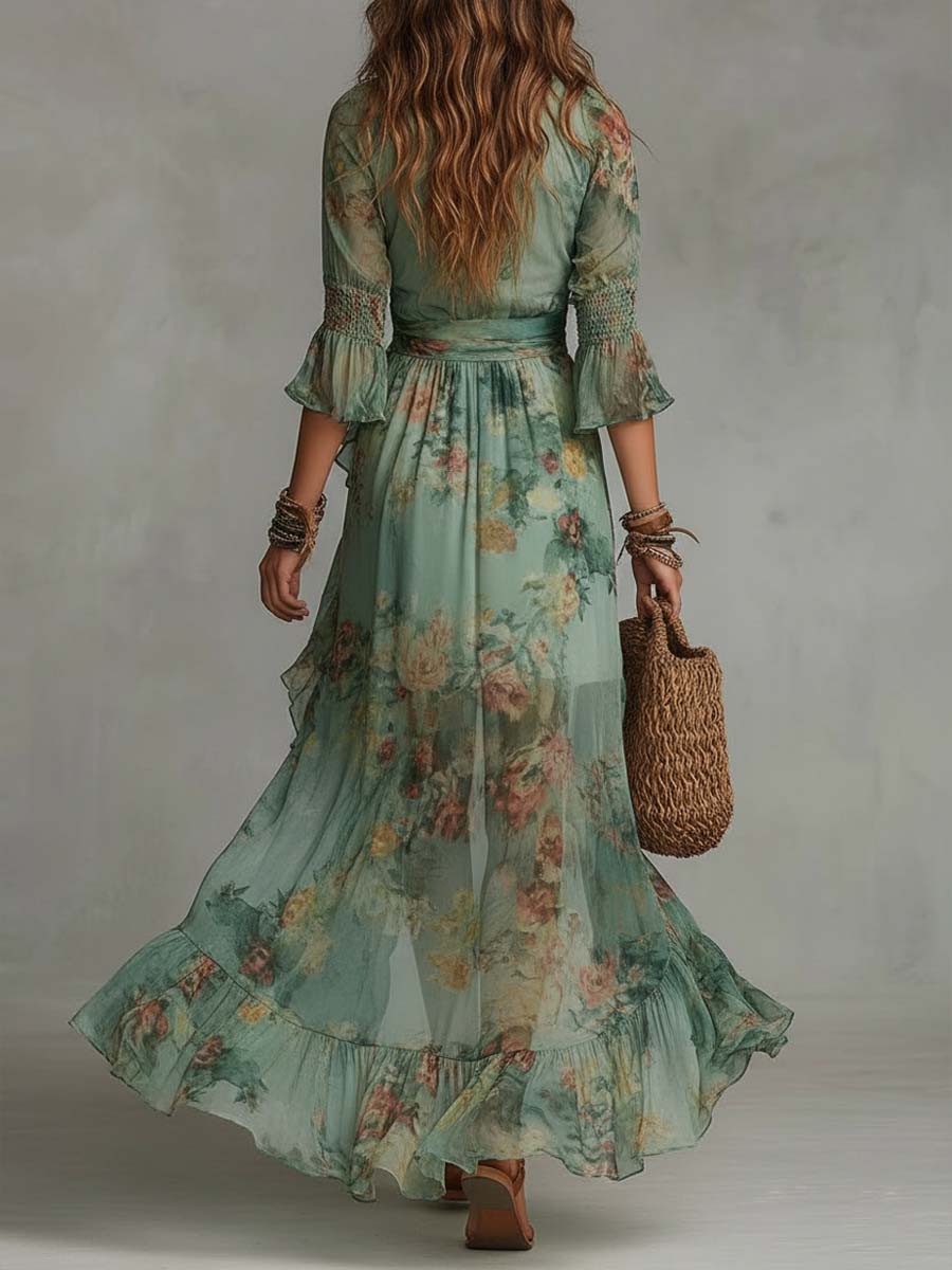 Aurora – Abito Maxi Boho Floreale con Orlo Asimmetrico Romantico