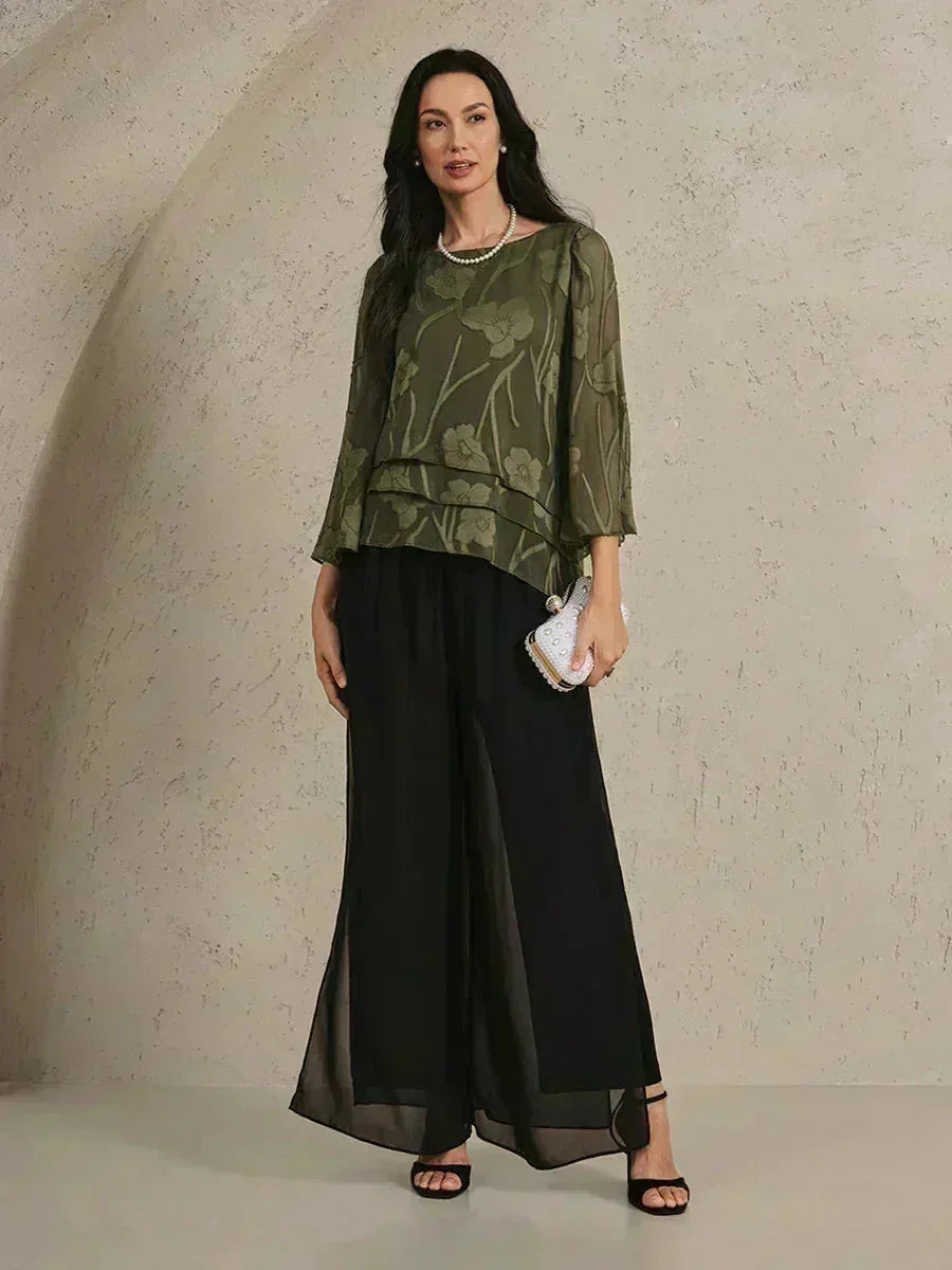 Blusa a Strati in Chiffon con Motivo Floreale