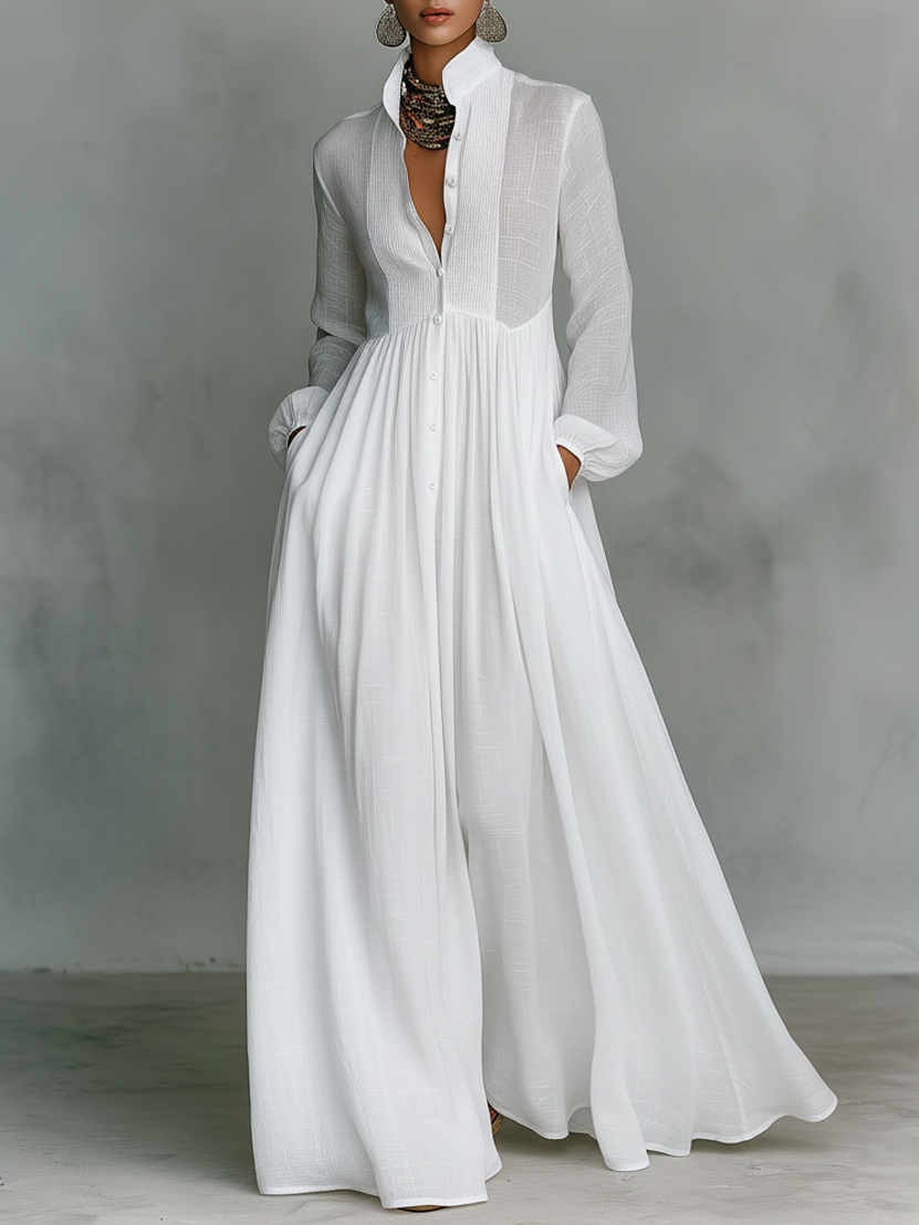 Abito maxi da donna in stile minimalista in cotone e lino con pezzi di puzzle, con colletto rigido e maniche lunghe