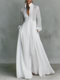 ESSENZIALE - Abito Maxi Minimalista in Cotone e Lino con Patchwork, Collo Alto e Maniche Lunghe