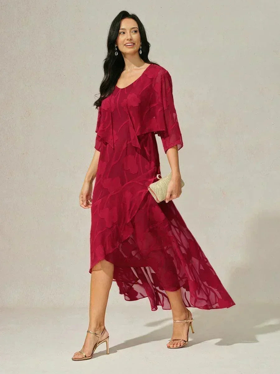 Abito da Sera Senza Maniche in Chiffon Floreale con Orlo Asimmetrico