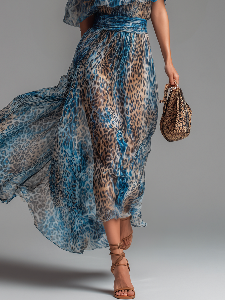 🔥 Selvaggia – Abito Maxi in Chiffon a Stampa Leopardo Off-Shoulder