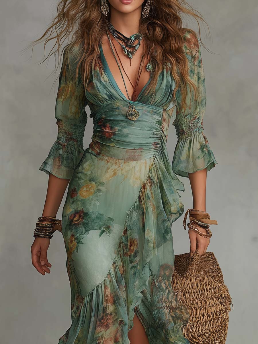 Aurora – Abito Maxi Boho Floreale con Orlo Asimmetrico Romantico