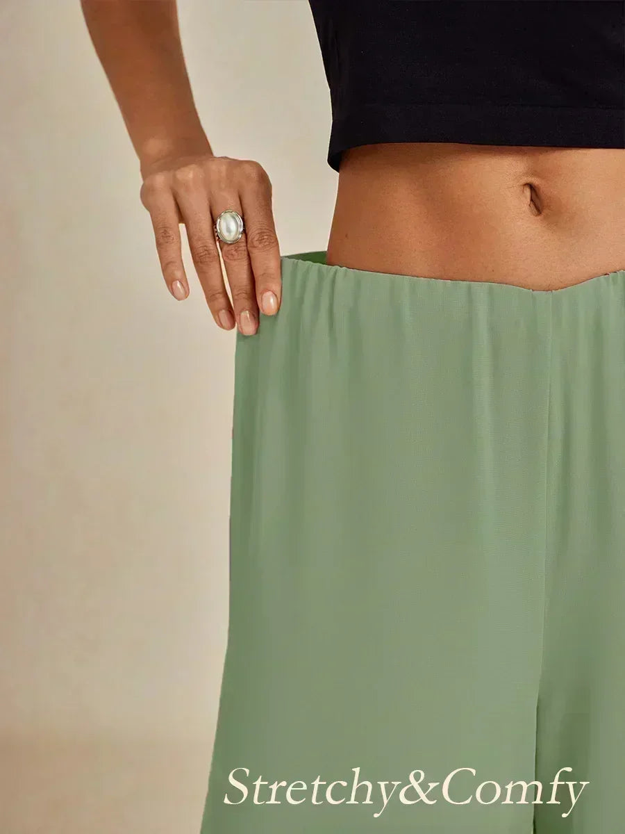 Pantaloni a Gamba Dritta con Sovrapposizione in Chiffon