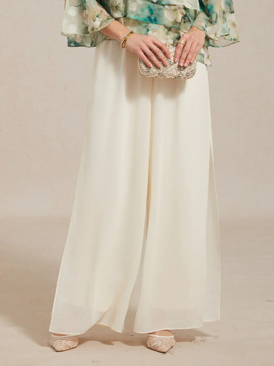 Pantaloni a Gamba Dritta con Sovrapposizione in Chiffon