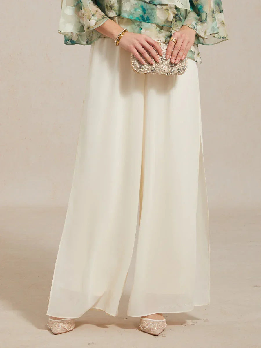 Pantaloni a Gamba Dritta con Sovrapposizione in Chiffon