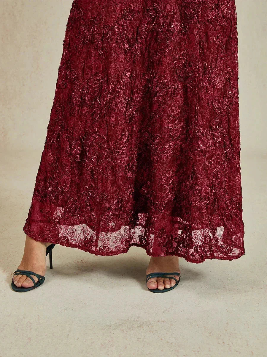 Abito A-Line in Pizzo Rosette con Decorazioni di Paillettes