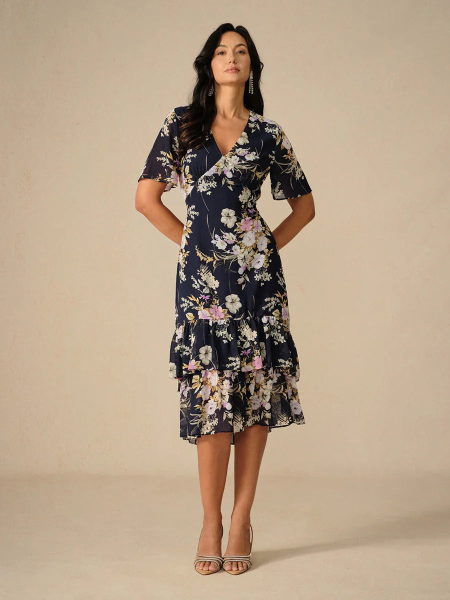 Abito Midi in Chiffon Floreale con Scollatura a V e Rouches