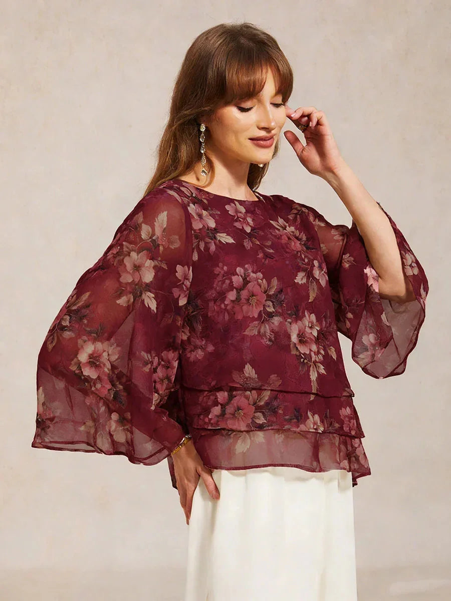 Blusa a strati in chiffon con pizzo e stampa floreale