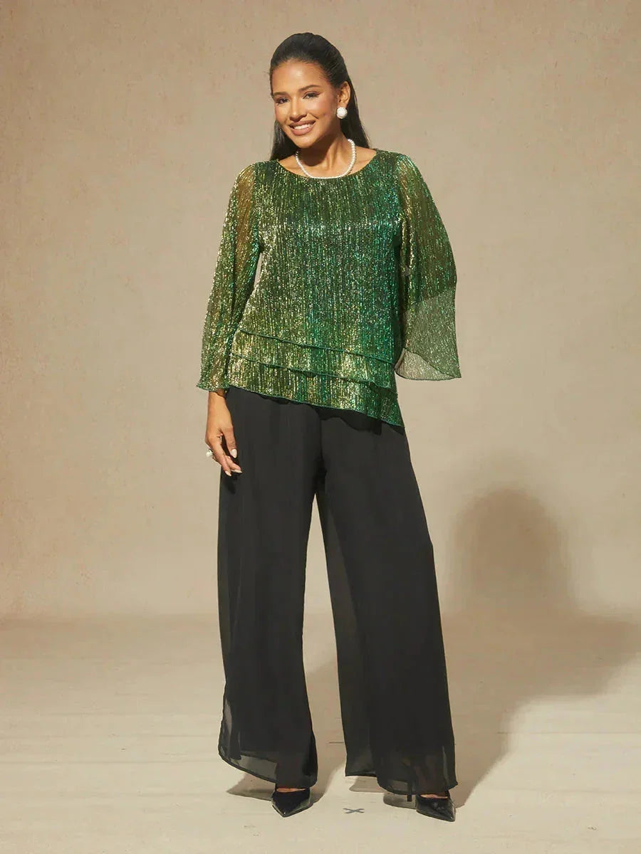 Blusa Asimmetrica a Strati in Chiffon Metallizzato Pieghettato