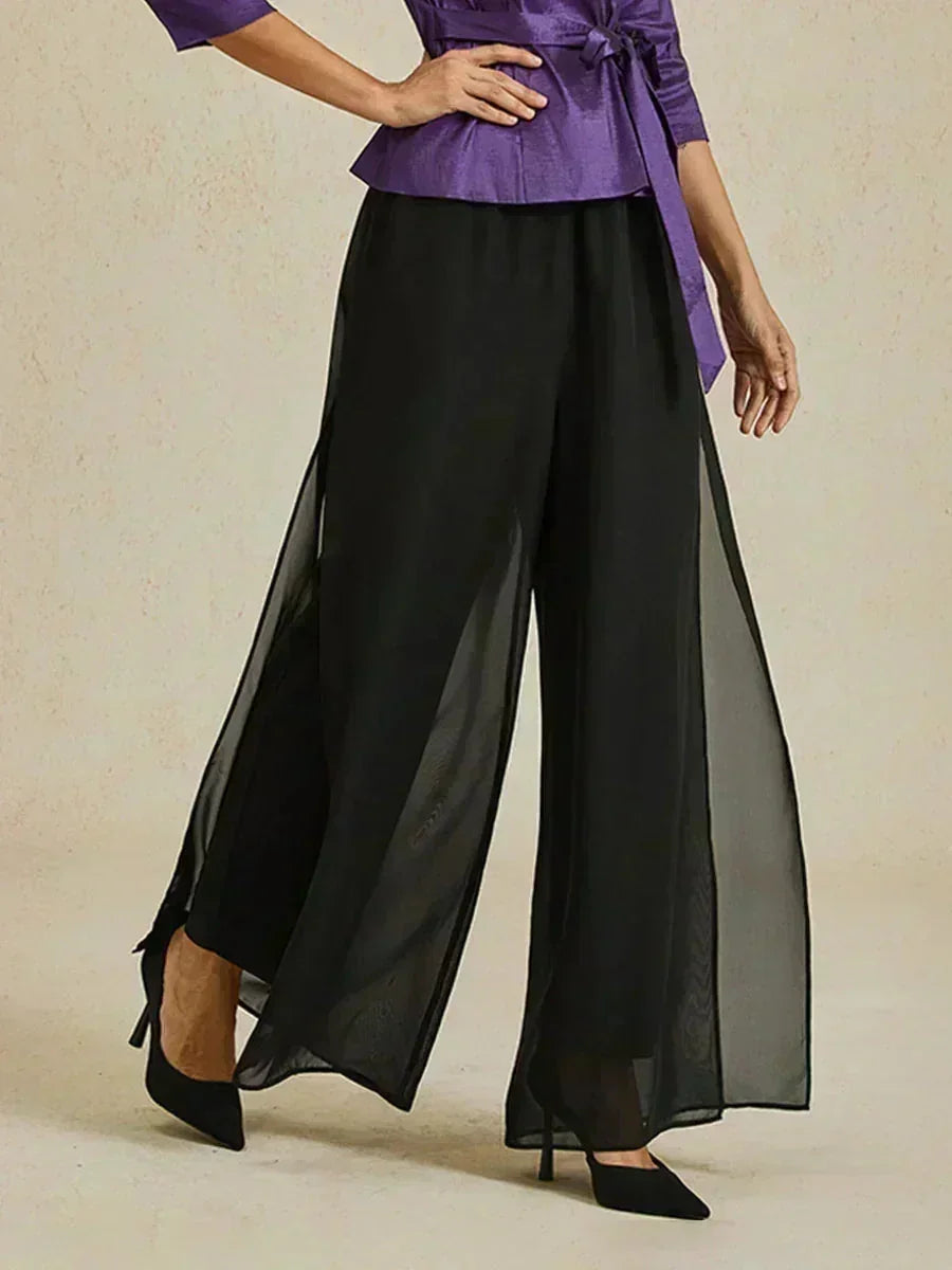 Pantaloni a Gamba Dritta con Sovrapposizione in Chiffon
