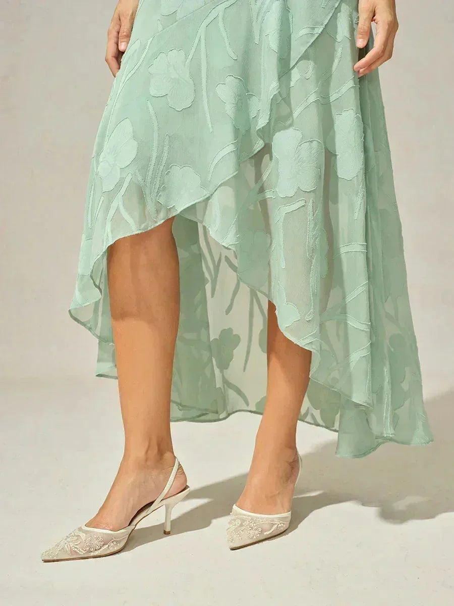 Abito da Sera Senza Maniche in Chiffon Floreale con Orlo Asimmetrico