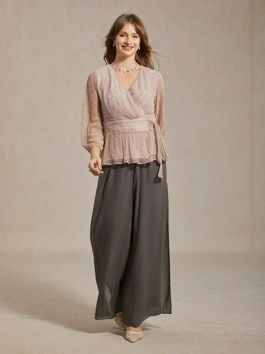 Pantaloni a Gamba Dritta con Sovrapposizione in Chiffon