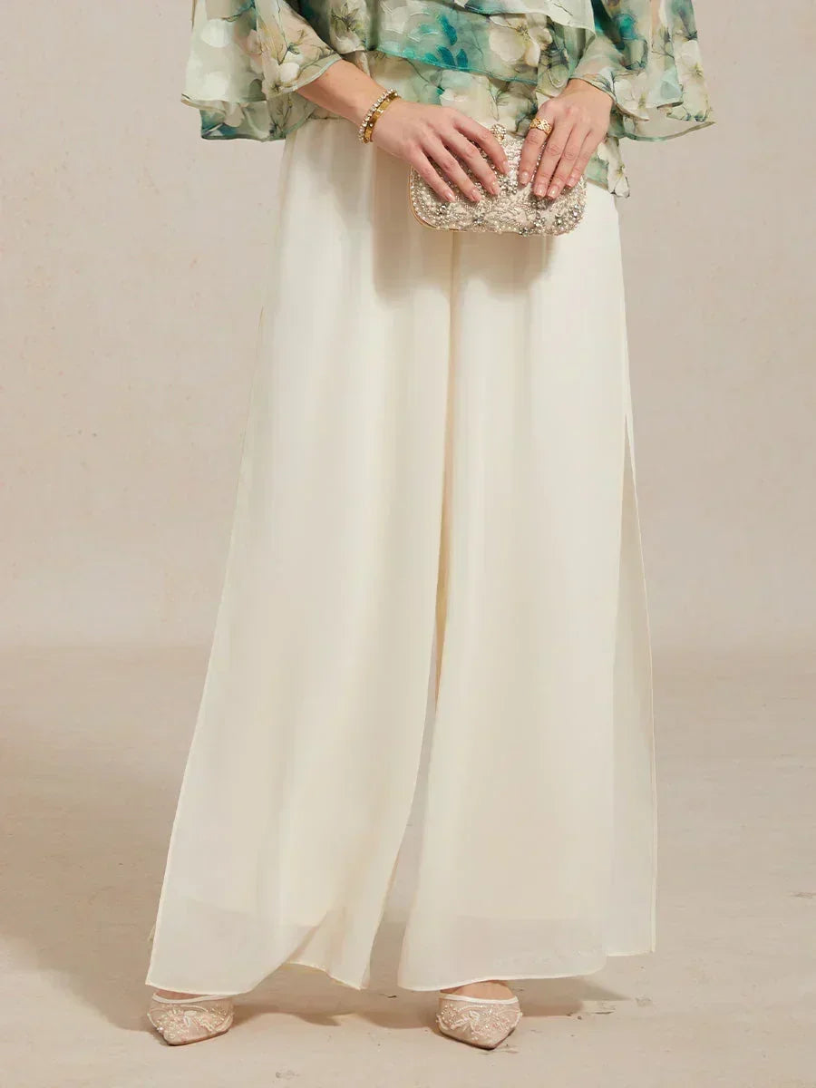 Pantaloni a Gamba Dritta con Sovrapposizione di Chiffon a Spacco