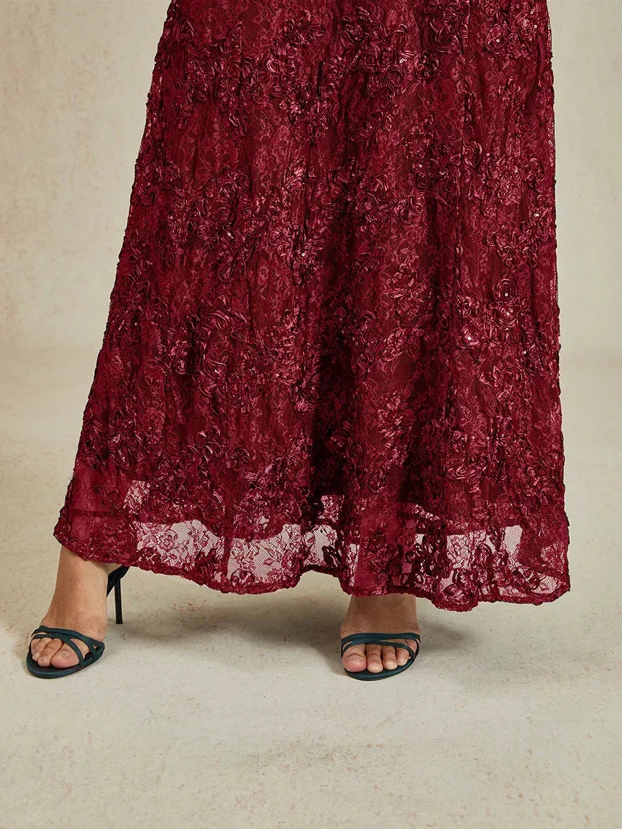 Abito A-Line in Pizzo Rosette con Decorazioni in Paillettes