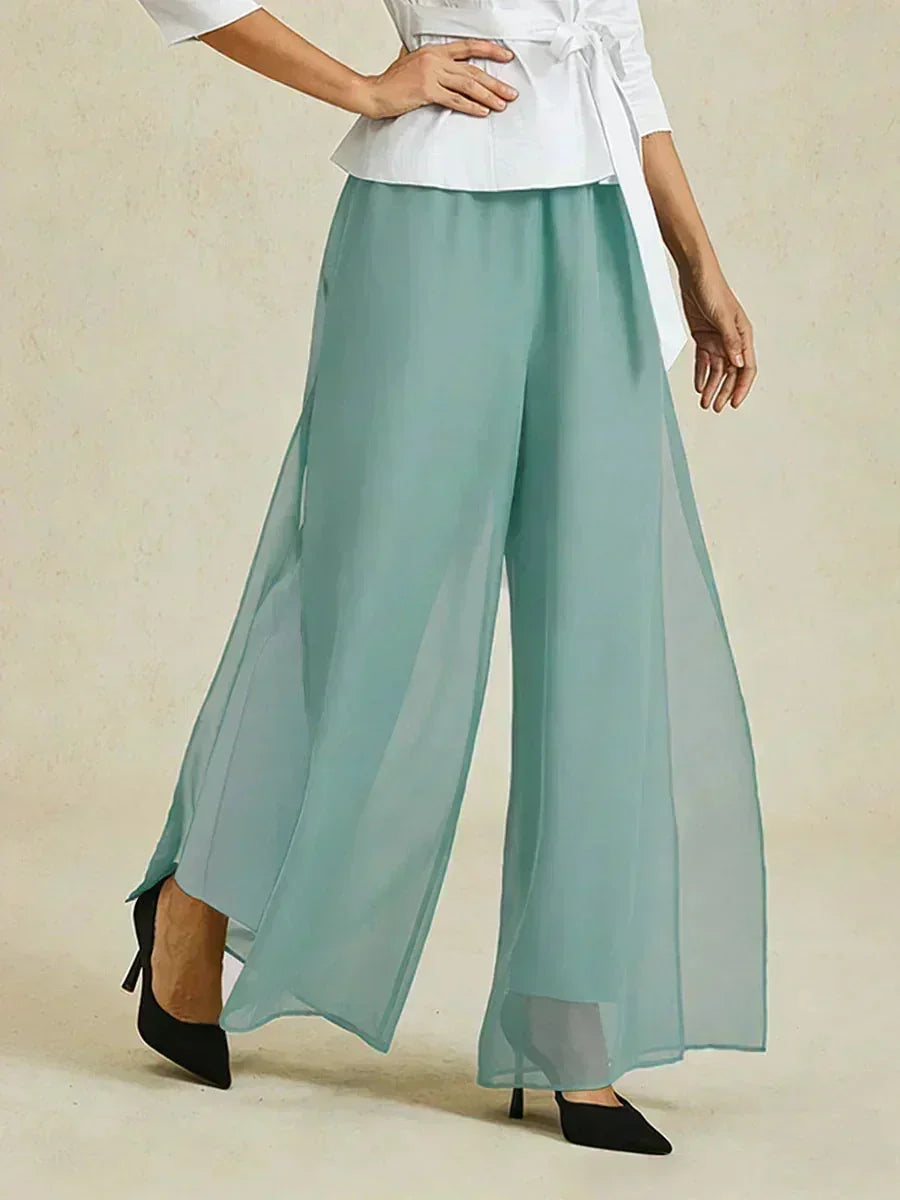 Pantaloni a Gamba Dritta con Sovrapposizione in Chiffon