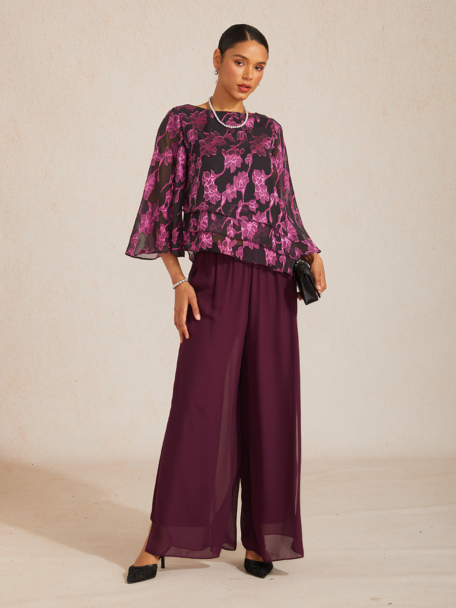 Pantaloni a Gamba Dritta con Sovrapposizione di Chiffon a Spacco
