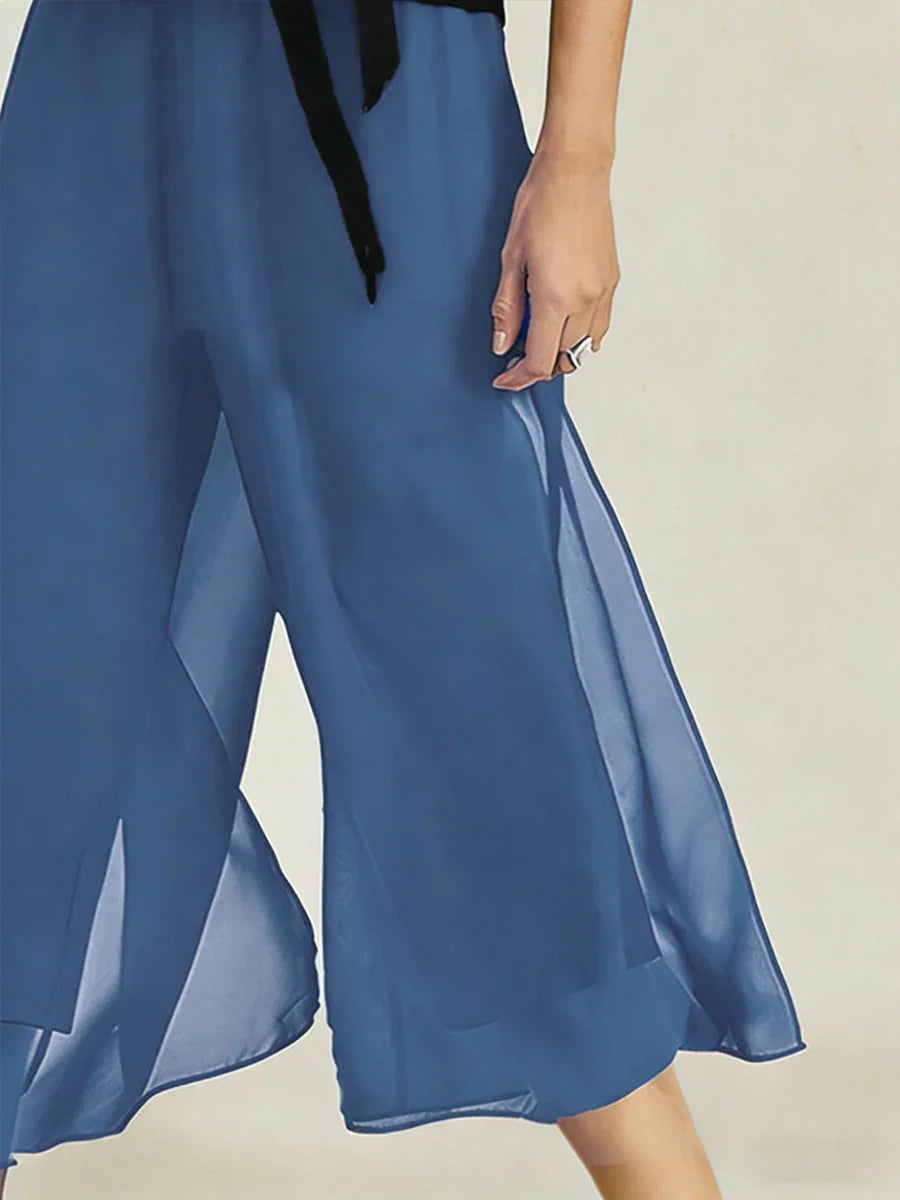 Pantaloni a gamba dritta cropped con sovrapposizione in chiffon