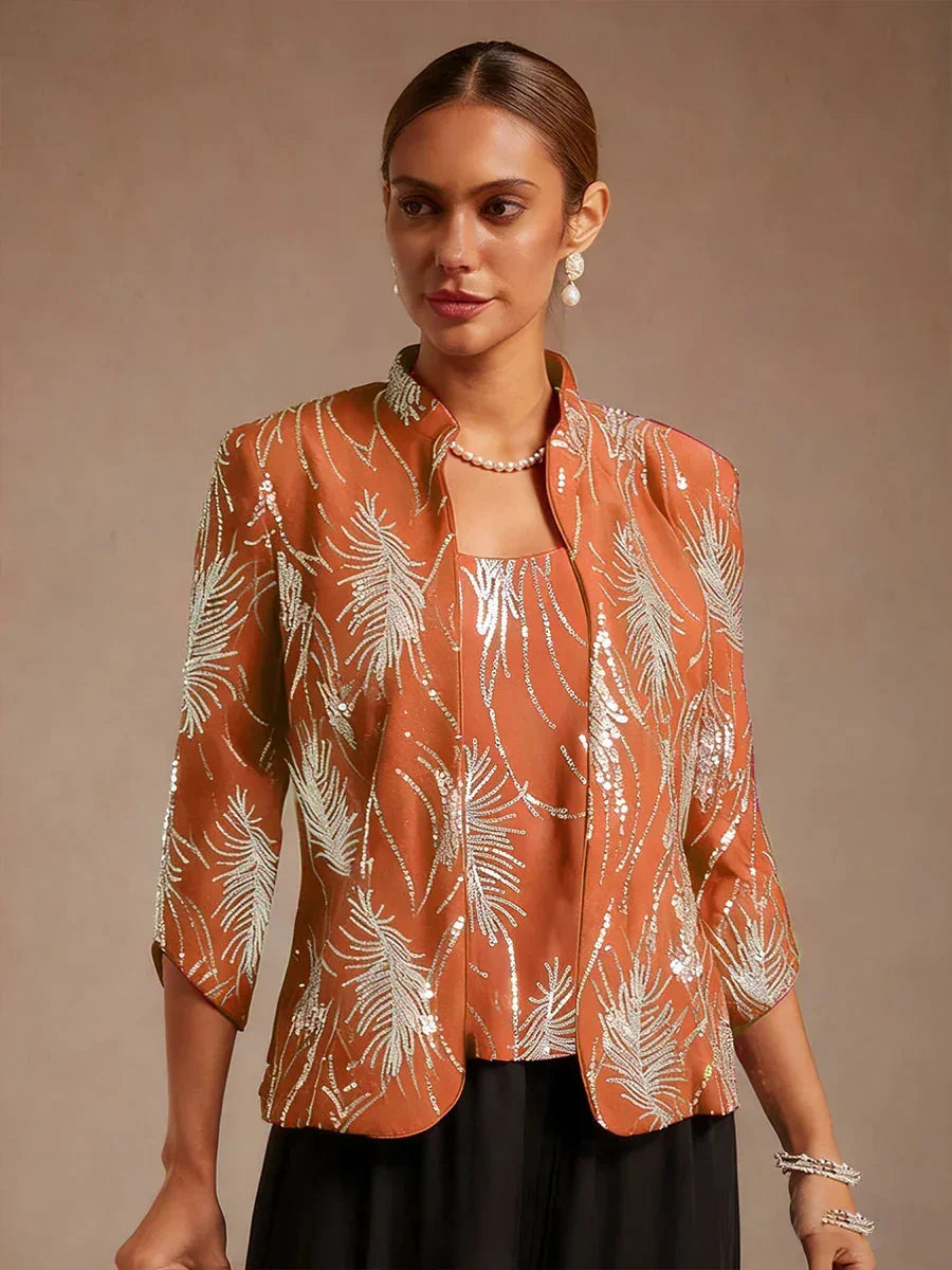 Elegante Twinset con Collo alla Mandarin in Paillettes