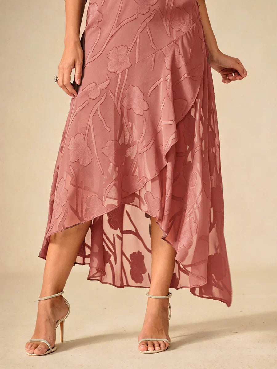 Abito da sera senza maniche in chiffon floreale con orlo asimmetrico