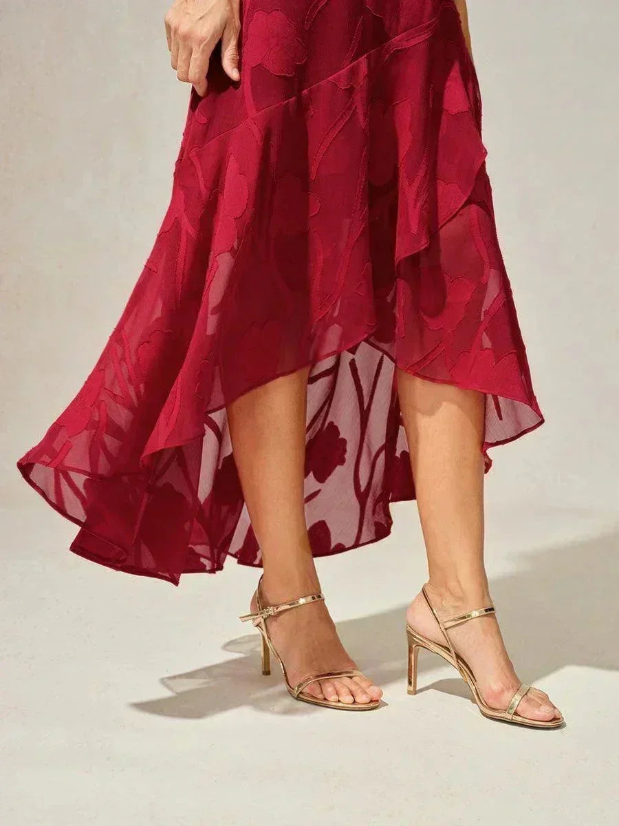 Abito da Sera Senza Maniche in Chiffon Floreale con Orlo Asimmetrico