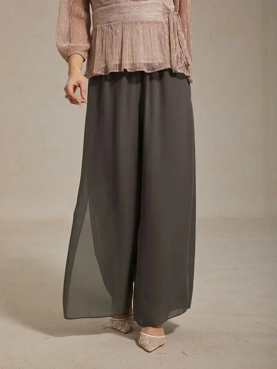 Pantaloni a Gamba Dritta con Sovrapposizione in Chiffon