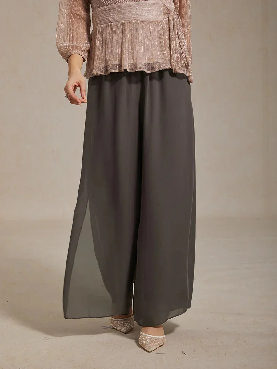 Pantaloni a Gamba Dritta con Sovrapposizione in Chiffon