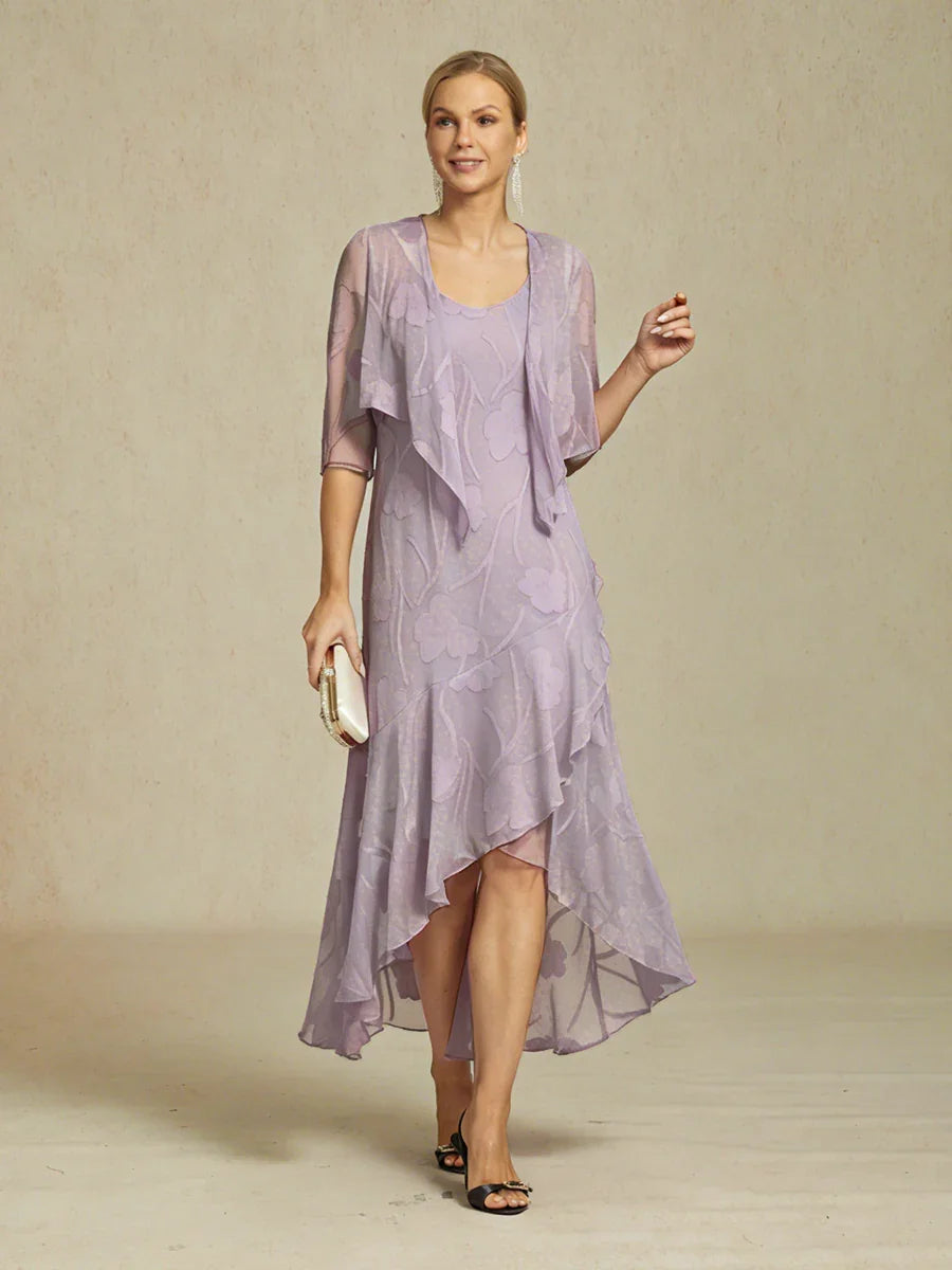 Abito da Sera Senza Maniche in Chiffon Floreale con Orlo Asimmetrico