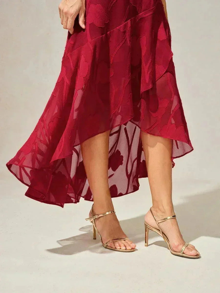 Abito da Sera Senza Maniche in Chiffon Floreale con Orlo Asimmetrico