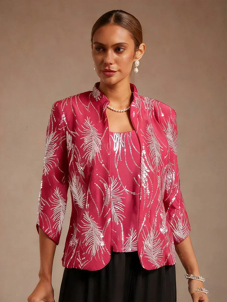 Elegante Twinset con Collo alla Mandarin in Paillettes