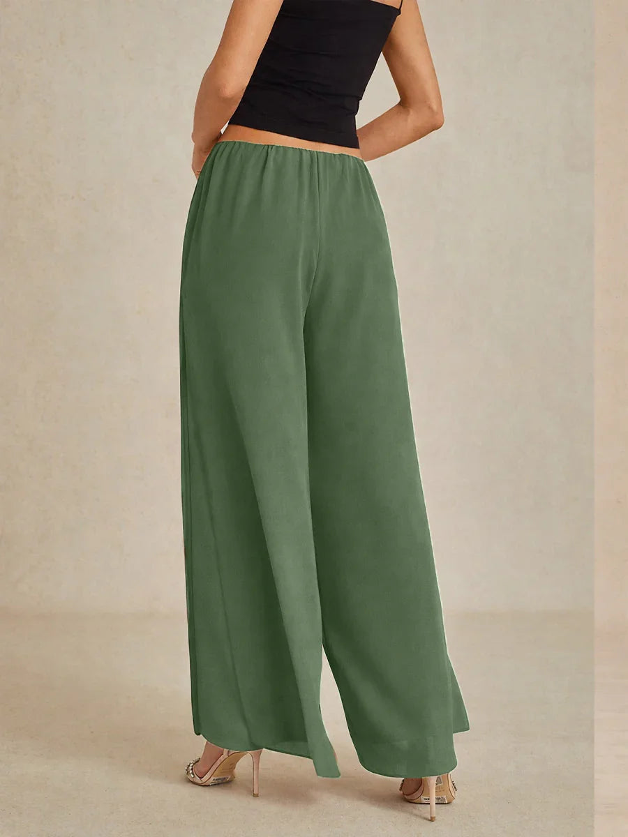 Pantaloni a Gamba Dritta con Sovrapposizione in Chiffon a Spacco