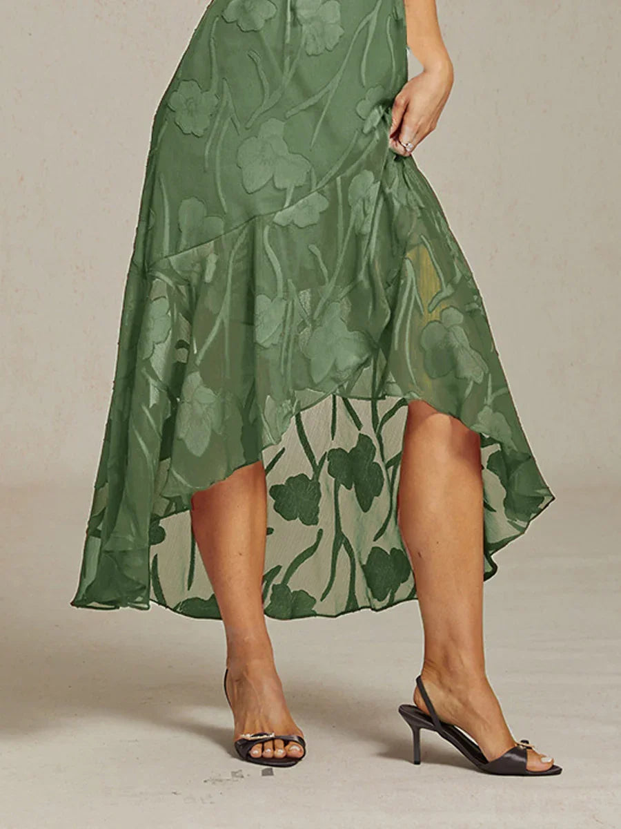 Abito da Sera Senza Maniche in Chiffon Floreale con Orlo Asimmetrico