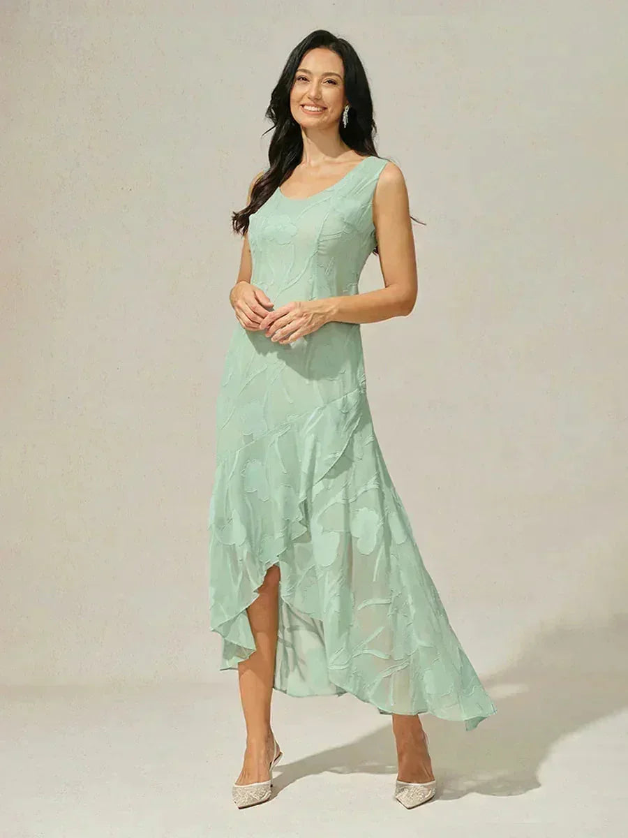 Abito da Sera Senza Maniche in Chiffon Floreale con Orlo Asimmetrico