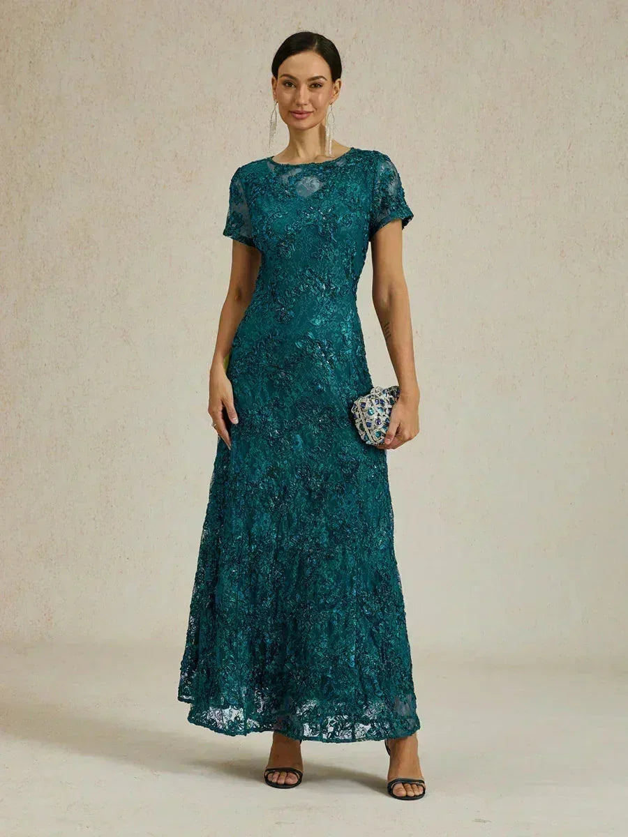 Abito A-Line in Pizzo Rosette con Decorazioni di Paillettes