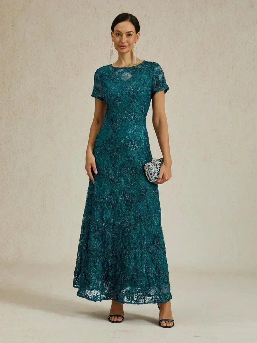 Abito A-Line in Pizzo Rosette con Decorazioni in Paillettes