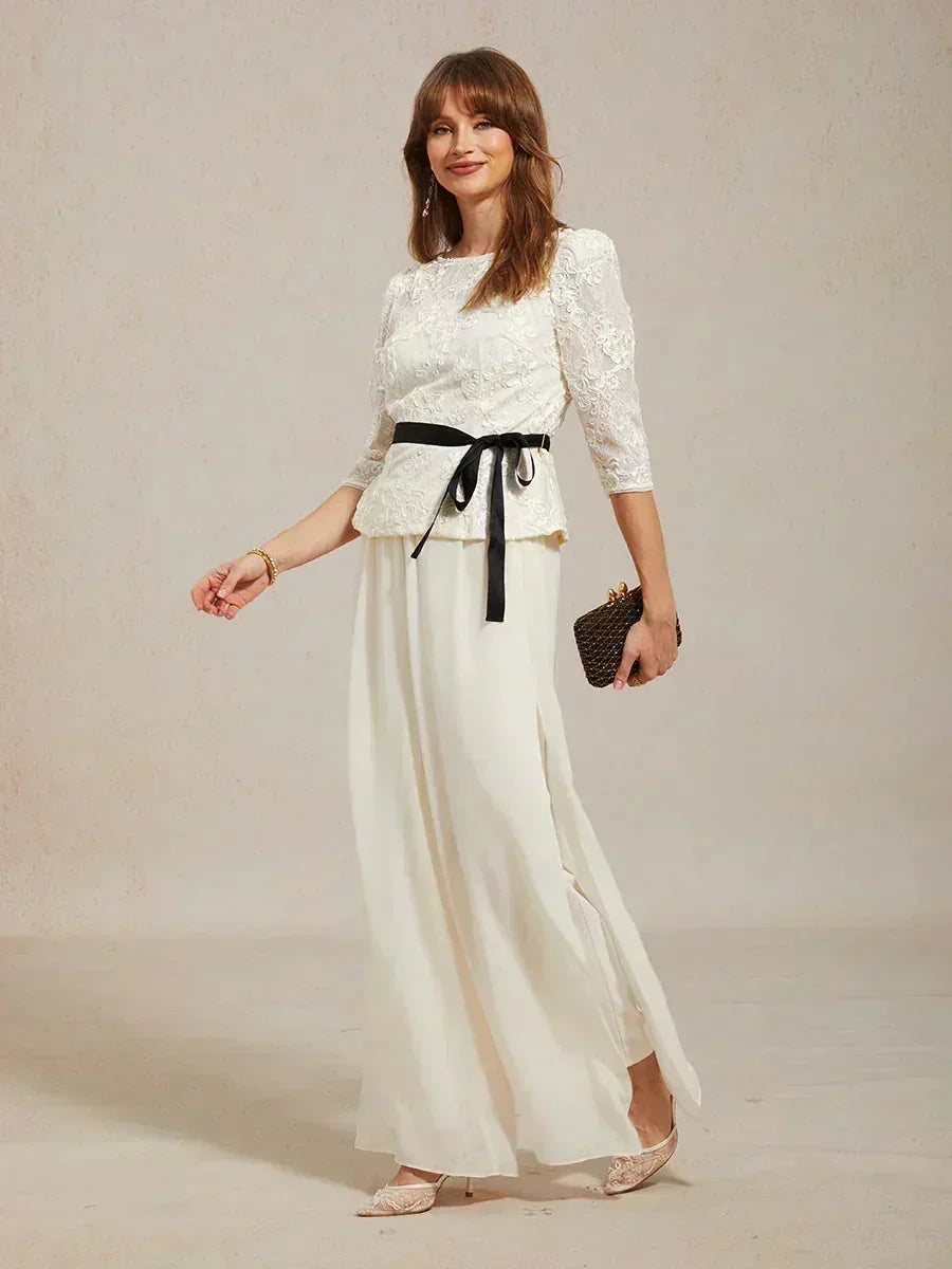 Pantaloni a Gamba Dritta con Sovrapposizione in Chiffon a Spacco