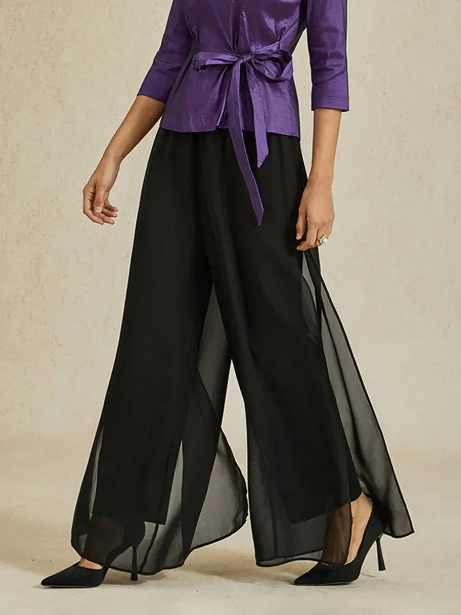 Pantaloni a Gamba Dritta con Sovrapposizione in Chiffon