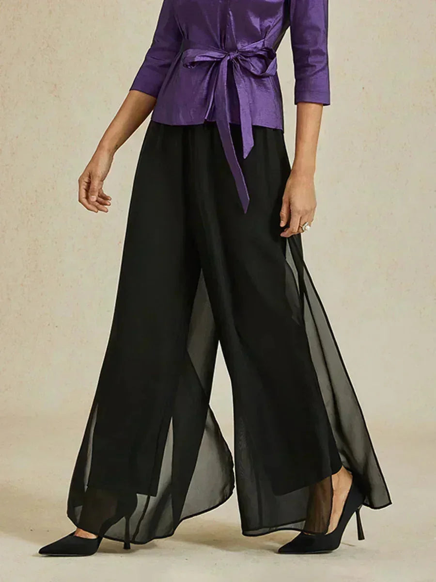 Pantaloni a Gamba Dritta con Sovrapposizione in Chiffon