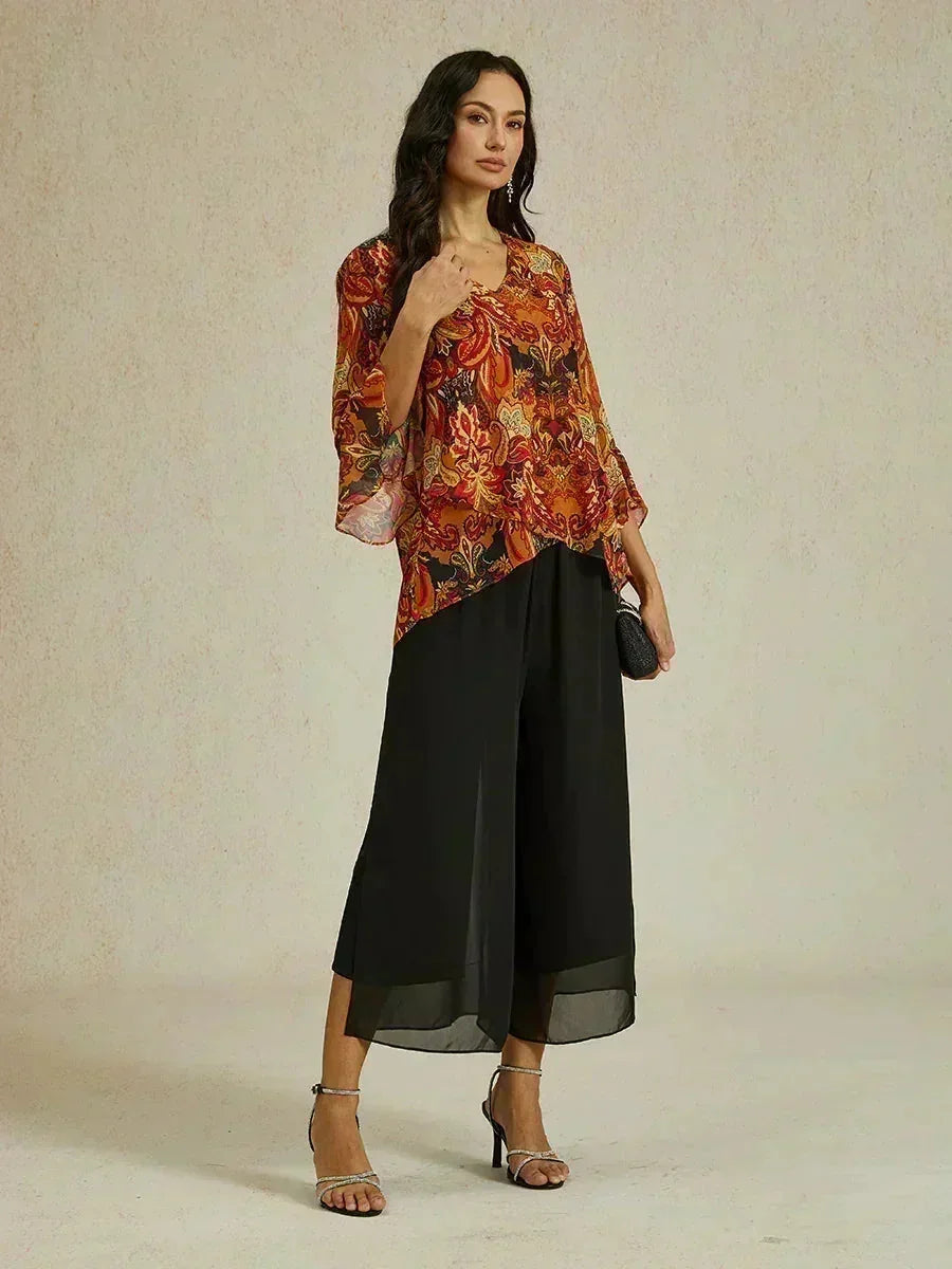 Pantaloni a gamba dritta cropped con sovrapposizione in chiffon